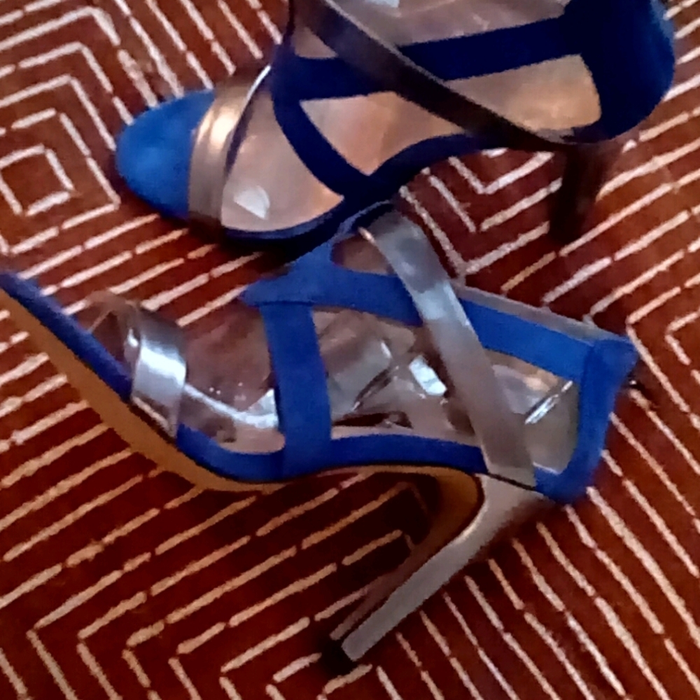 Pewter Leather and Blue Suede sandal heel 6.5
